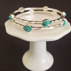 Two Silvertone and Faux Turquoise Bangles Stacking Bracelets